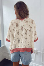 Delicacy Flowers Colorblock Edge Hollow Crochet Knit Top