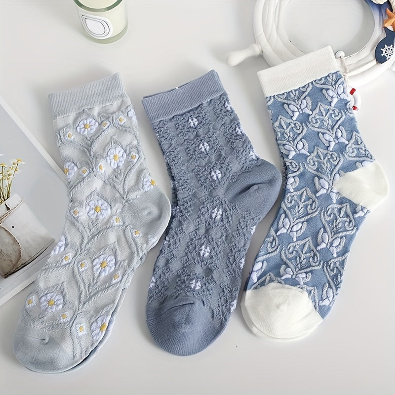 5 Comfy Cartoon Flower Pattern Knitted Socks, Breathable Soft Crew Socks For Outdoor Wearing Lootquake LLC