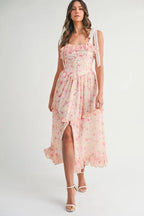 Floral Printed Shoulder Strap Midi Dress For Women – Floral Midi Dress, Shoulder Strap Dress, Ruffled Midi Dress, Feminine Floral Dress, Elegant Occasion Dress