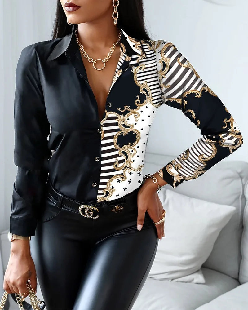 V Neck Spliced Vintage Long Sleeve Button Up Women Shirts Fashionable Chain Printed Designer Plus Size Women'S Blouses & Shirts Purplish Diva