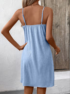 Elegant Textured V-Neck Sleeveless Mini Dress Chic Buttoned Summer Dress Classic Dress