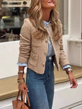 Luxury Camel Raw Hem Pocketed Round Neck Jacket Edgy & Casual Lightweight Outerwear Stevvex