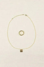Gold Twisted Ring & Square Pendant Necklace Set - Nickel-Free
