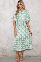 Multicolor Boho Floral Striped Tie V Neck Long Dress