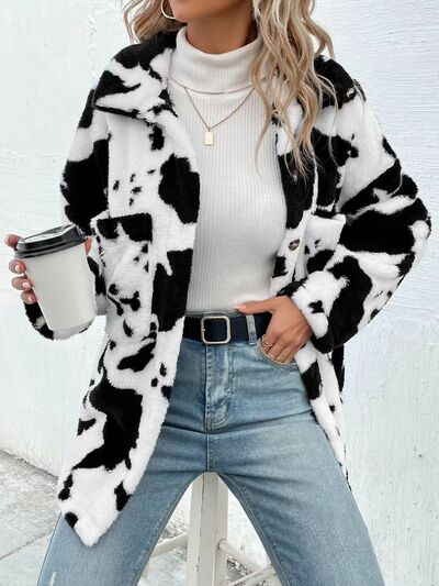 Trendy Black White Cozy Cow Print Collared Neck Button Up Fuzzy Jacket Modern & Warm Outerwear Stevvex
