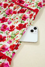 Red Floral Puff Sleeve Tiered Ric Rac Pocketed Mini Dress