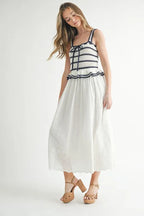 Crochet Stripe Knit Eyelet Mix Midi Dress – Crochet Midi Dress, Stripe Knit Dress, Eyelet Mix Dress, Trendy Midi Dress, Versatile Midi Dress