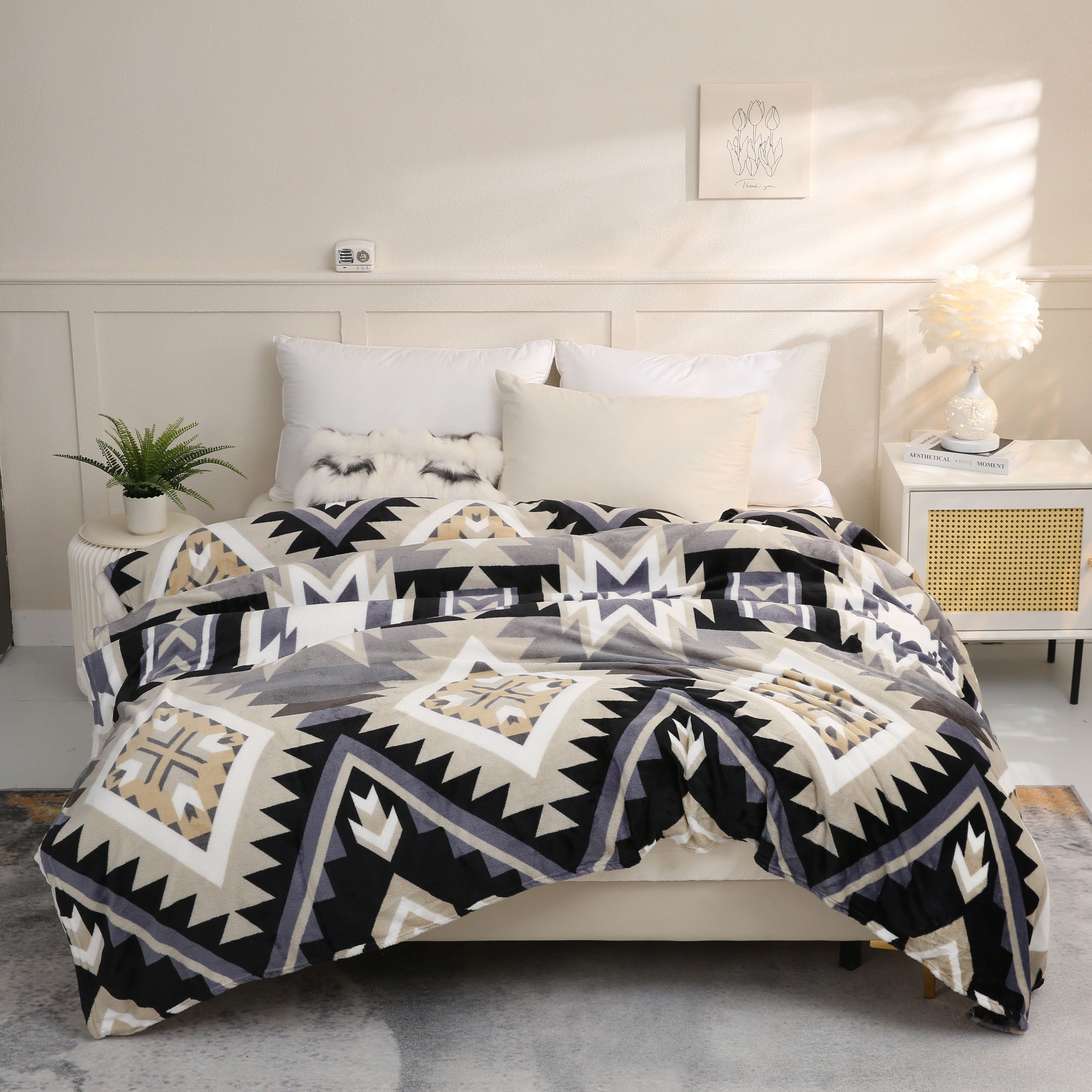 1pc Southwest Native American Flannel Polyester Throw Double-side Printed Blanket, Aztec Geometry Pattern Travel Couch Bed Blanket Plush Soft Lightweight Blanket For All Season Lootquake LLC