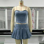 Denim Dress Sets Strapless Pullover Tops Solid Pleated Mini Skirts Spliced High Waist Skirt Matching Sets Streetwear Autumn Purplish Diva