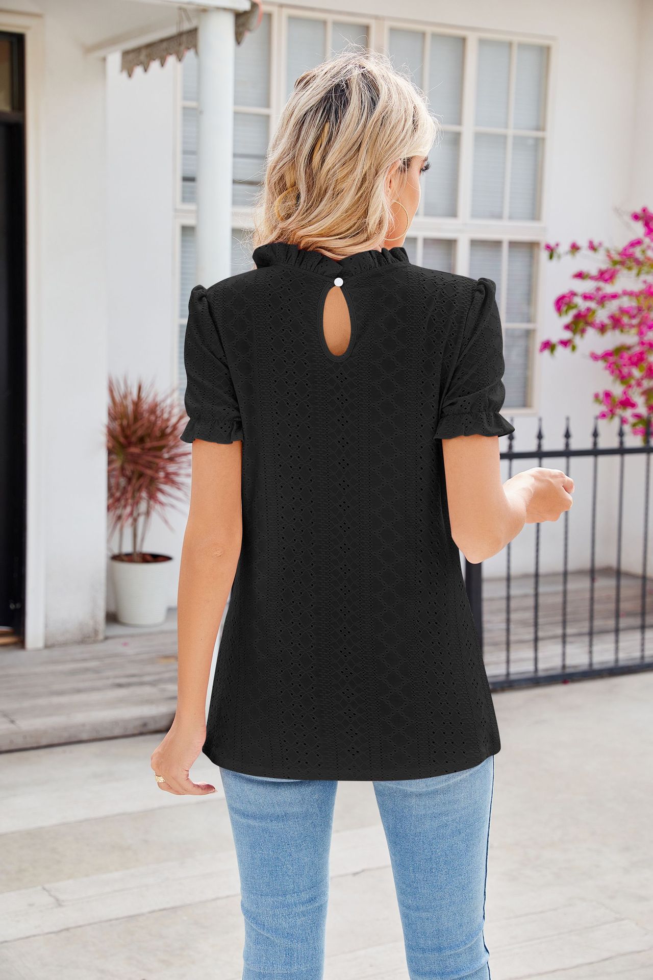 New Fashion Lacework Round Neck Top Summer Puff Sleeves Hollow Design Loose Pleated T-shirt For Womens Clothing Pi-Mart