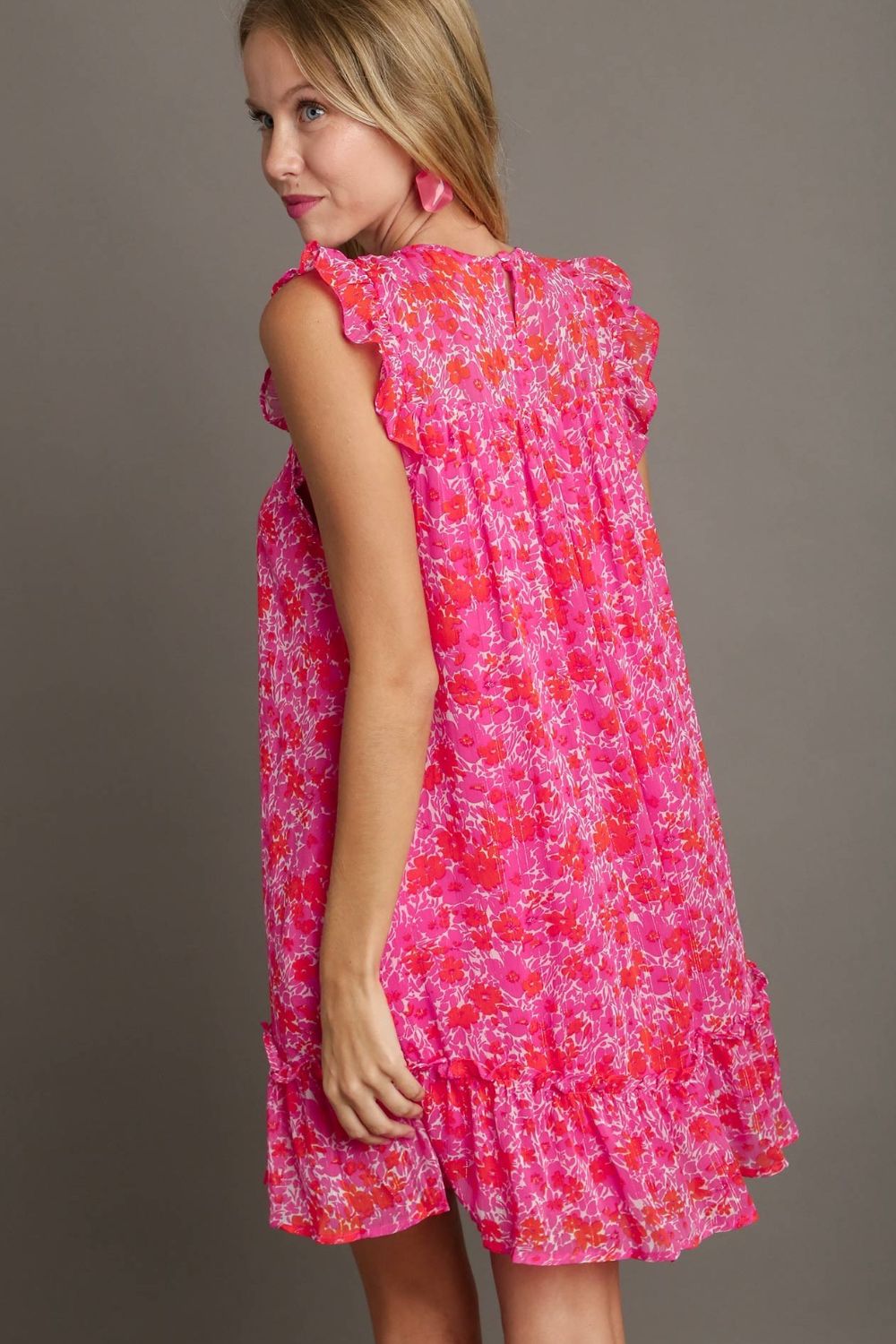 Pink Full Size Smocked Detail Floral Ruffle Cap Sleeve Dress Plus Size Glamorous & Feminine Dress Stevvex