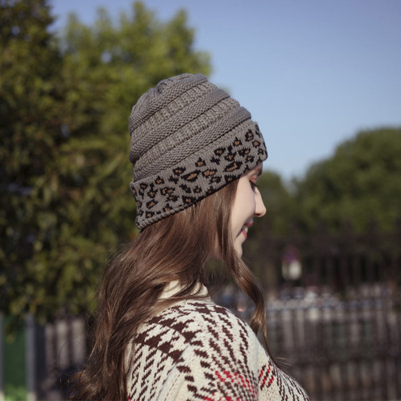 Beanie Women's Warm Leopard Print Knitted Hat Winter Pi-Mart