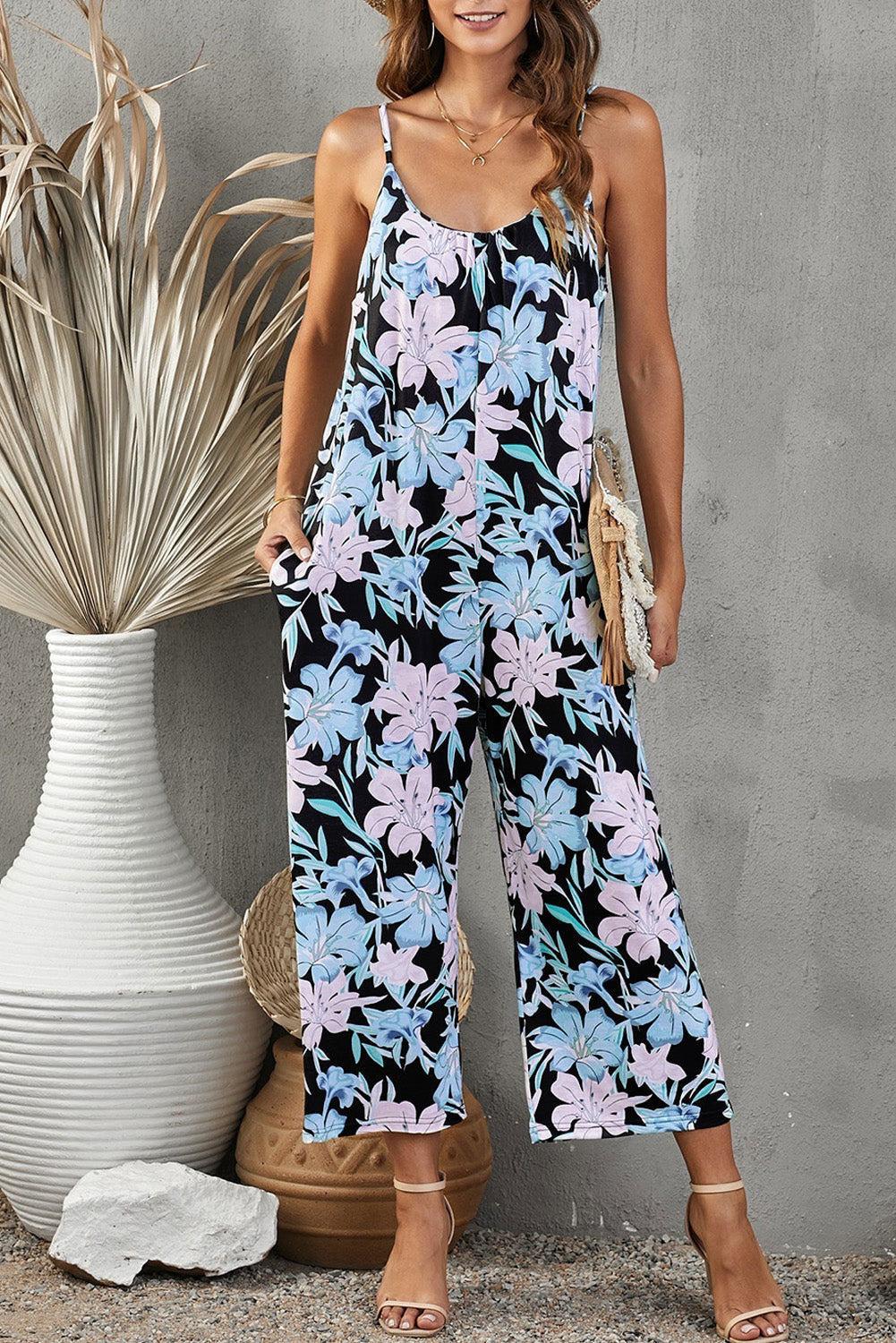 Flowers Print Suspender Jumpsuit With Pockets Spring Summer Fashion Round-neck Overalls For Womens Clothing Pi-Mart