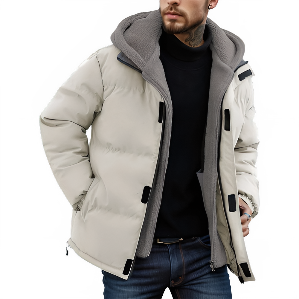 Winter Windproof Men's Faux Jacket Casual Polyester Coat with Detachable Hood Zip-Up Front Long Sleeves & Pockets Winter Clothes Pi-Mart