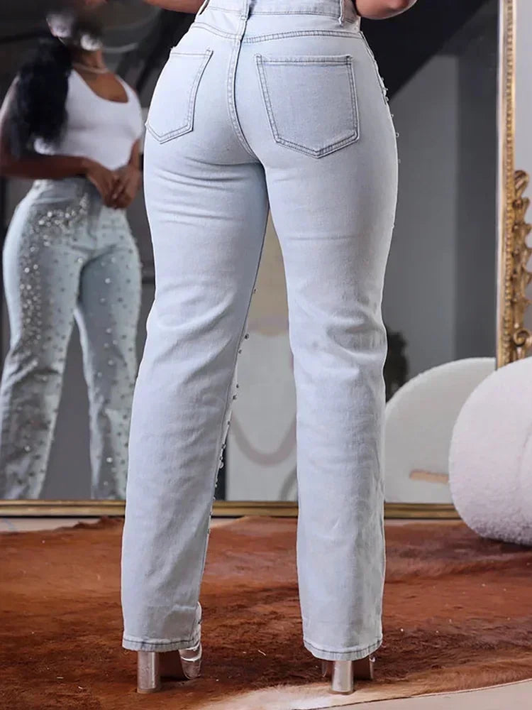 Plus Size Women's Beading Jeans High Waist Slim Casual Denim Pant Vintage Fashion 2025 Streetwear Straight Jeans Trousers Purplish Diva