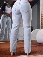 Plus Size Women's Beading Jeans High Waist Slim Casual Denim Pant Vintage Fashion 2025 Streetwear Straight Jeans Trousers Purplish Diva