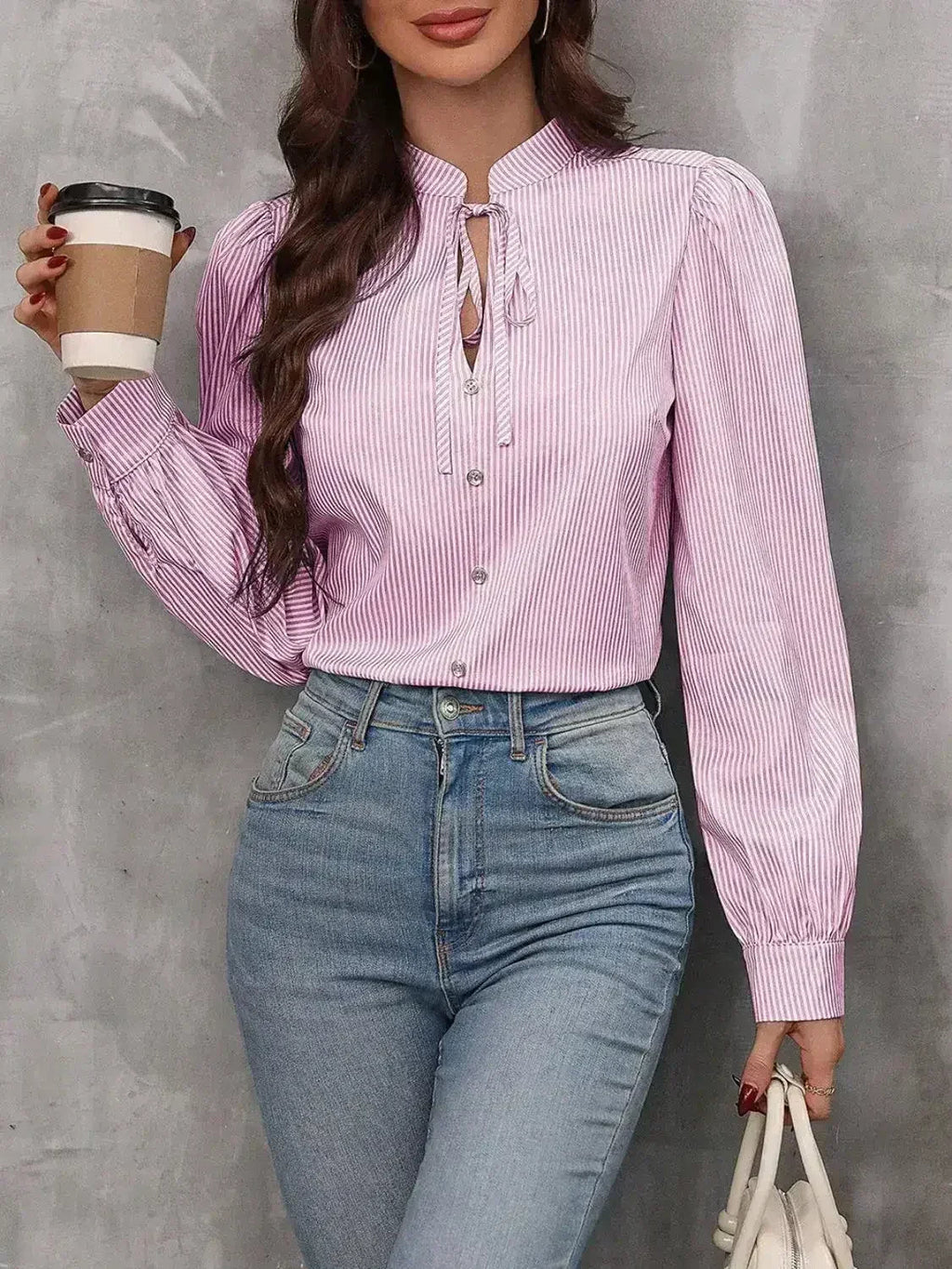 Striped Tie Neck Long Sleeve Blouse – Femstylo - SJB-DIAMOND ELITES