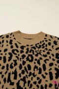 Light French Beige Rib Trim Round Neck Leopard Print Off-shoulder Sweater Pi-Mart
