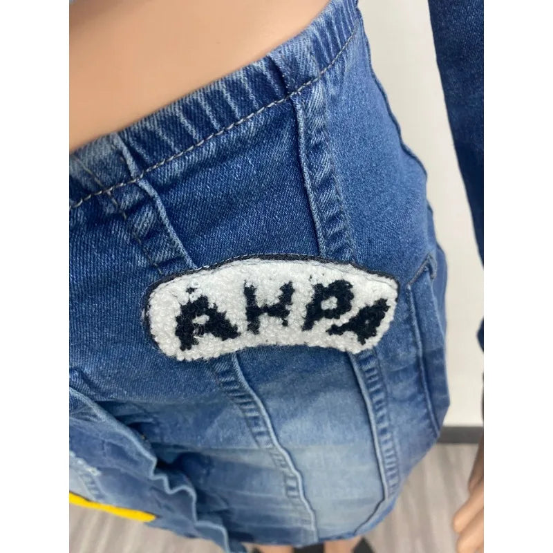 Embroidery Women Denim 2 Piece Set Button Up Jackets High Waist Jeans Skirts Matching Set 2024 Summer Streetwear Club Outfits Purplish Diva