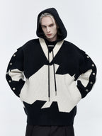 Black And White Fake Two-piece Embroidered Hooded Knitted Hoodie Jacket For Men