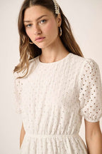 Eyelet Round Neck Puff Sleeve Mini Dress–Cute, Elegant, Feminine and Chic Mini Dress with Romantic Puff Sleeves and Delicate Eyelet Design