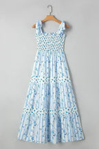 Sky Blue Floral Smocked A-Line Tie Straps Maxi Dress