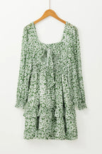 Elegant Ruffle Hem Floral Mini Dress Square Neck Long Sleeve Romantic Dress