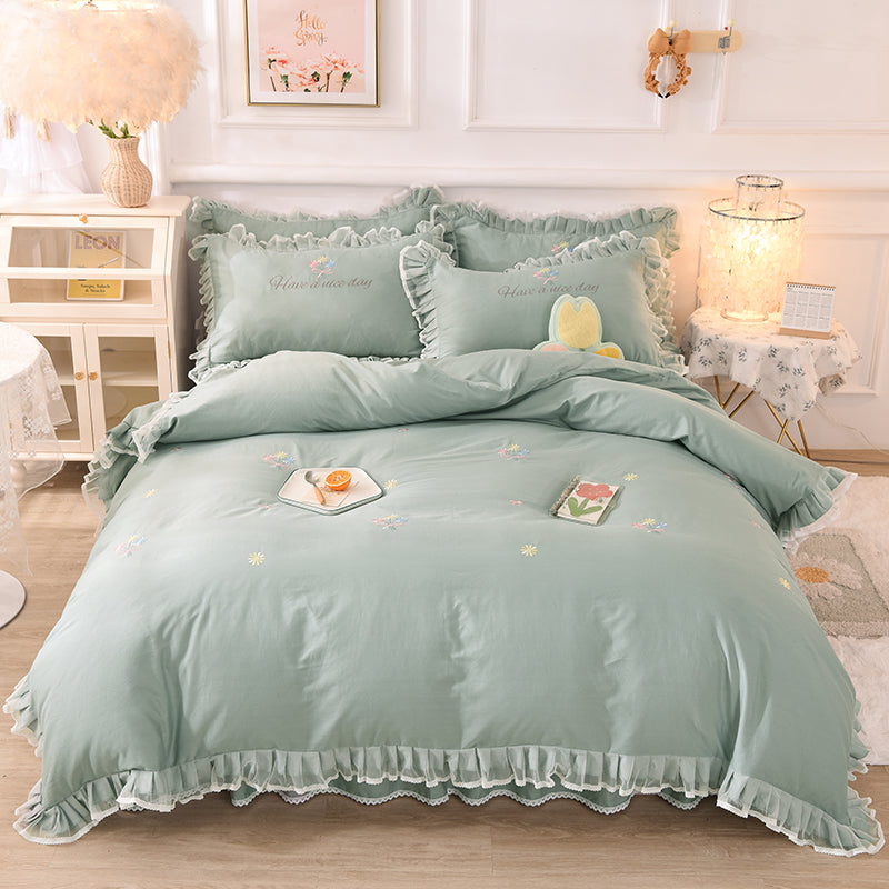 Summer Ruffled Cotton Four-piece Set Girl Heart Embroidery Flower Quilt Cover Pi-Mart