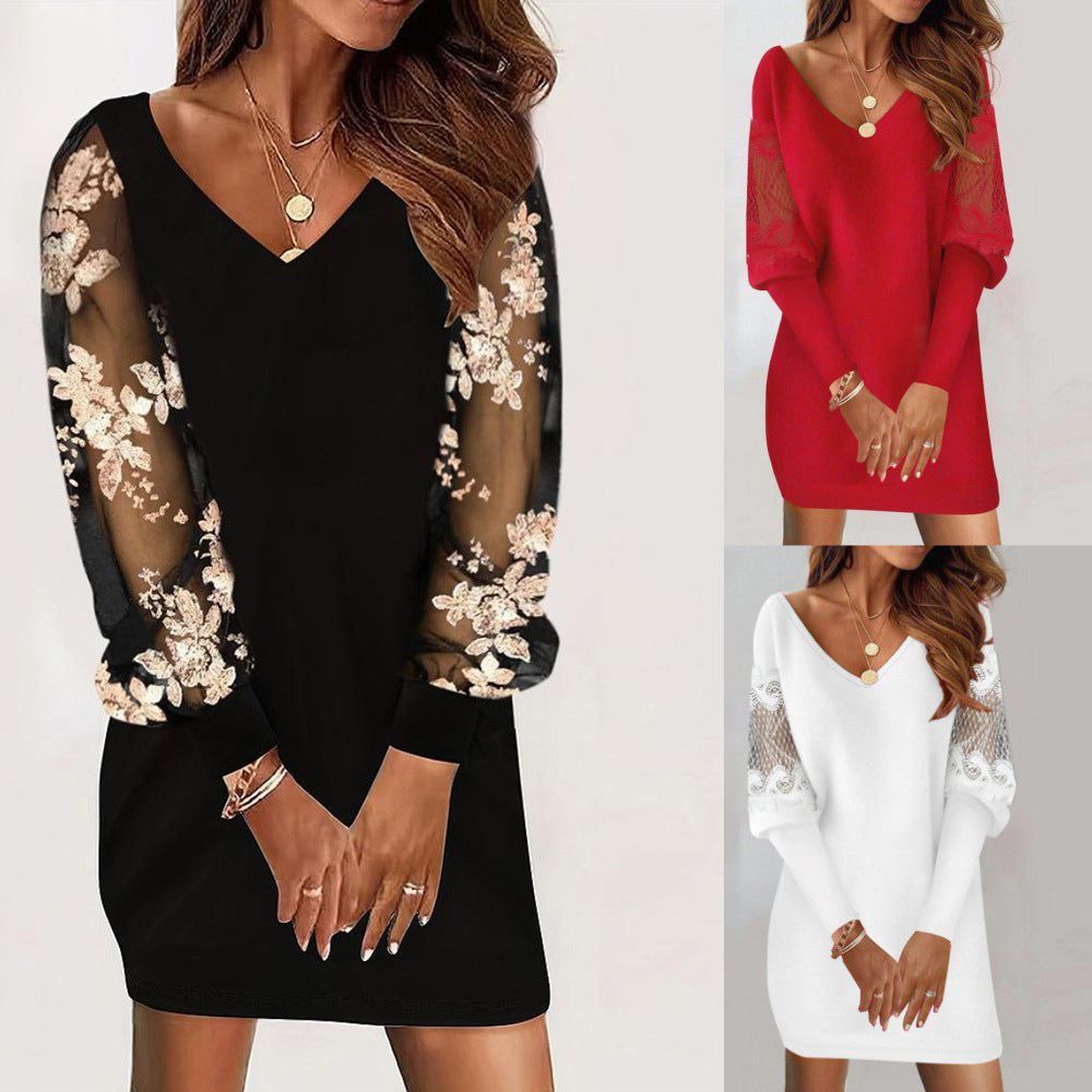 Long-sleeved V-neck Dress Spring And Autumn Lace Splicing Dress For Womens Clothing