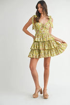 Floral Print Shoulder Tie Layered Mini Dress For Women – Fresh Floral Design, Fluttering Adjustable Shoulder Tie, Layered Mini Dress, Trendy Summer Outfit