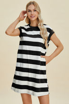 Full Size Striped Round Neck Cap Sleeve Mini Dress For Women – Striped Mini Dress, Full-Size Round Neck Dress, Comfortable Cap Sleeve Dress, Chic Striped Dress, Flattering Mini Dress, Casual Everyday Dress, Versatile Striped Dress Stevvex