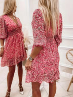 V-neck Printed Dress With Ruffled Waist, Exquisite And Elegant Design-perfect For Spring And Autumn. - SJB-DIAMOND ELITES