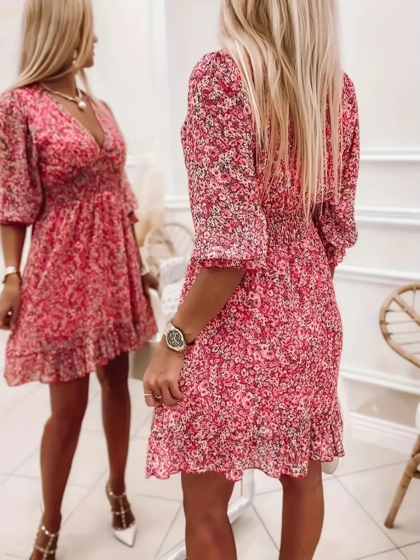 V-neck Printed Dress With Ruffled Waist, Exquisite And Elegant Design-perfect For Spring And Autumn. - SJB-DIAMOND ELITES