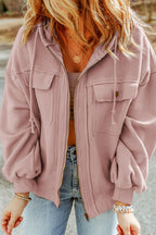 Pink Flap Pocket Drawstring Hood Zip Up Jacket Lootquake LLC