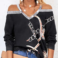 Women's Fashion New Chain Printed Sequin Cold Shoulder Long Sleeved Sweatshirt With Exposed Shoulder Top - SJB-DIAMOND ELITES
