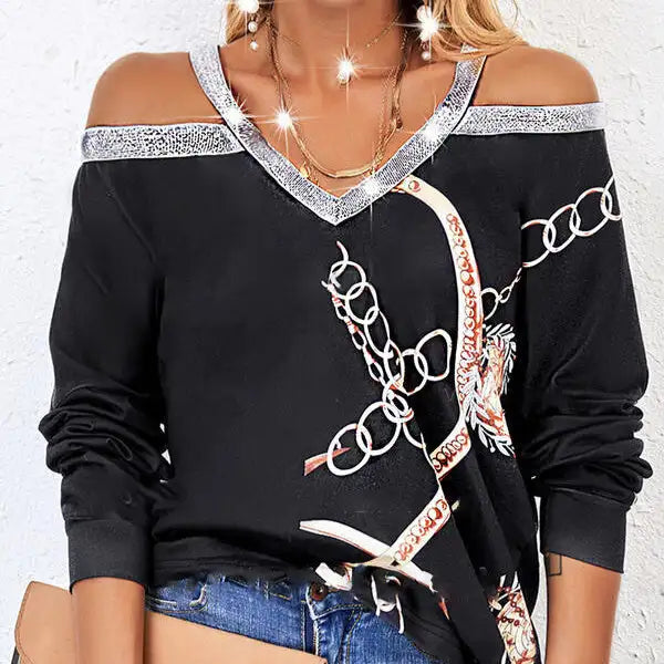 Women's Fashion New Chain Printed Sequin Cold Shoulder Long Sleeved Sweatshirt With Exposed Shoulder Top - SJB-DIAMOND ELITES