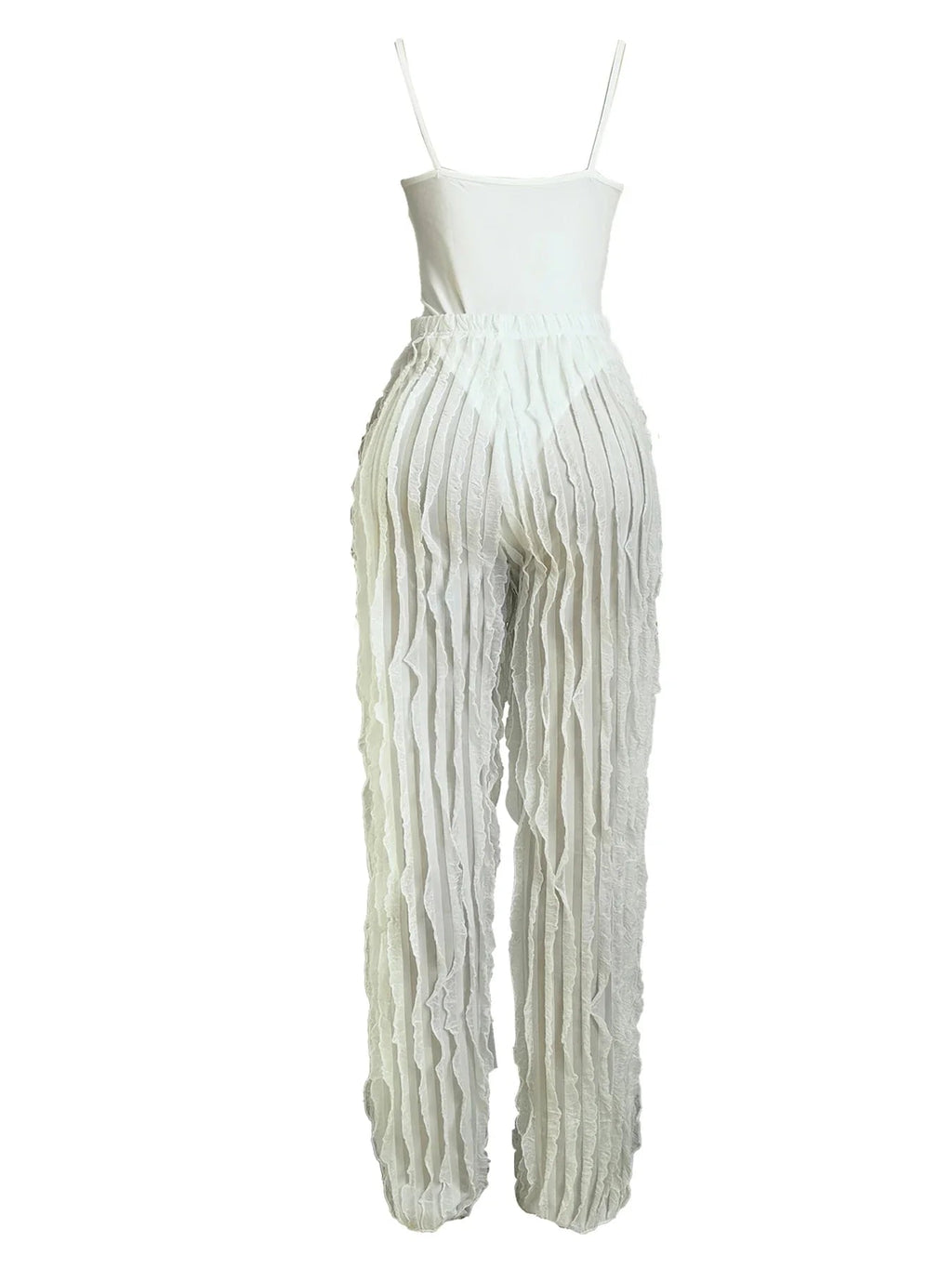 Women's Solid Backless Cami Bodysuit & Elastic Waist Frilled Pants Set, Fashion Casual V Neck Spaghetti Strap Bodysuit & Straigh Purplish Diva