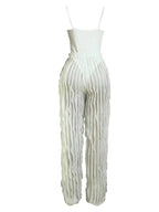 Women's Solid Backless Cami Bodysuit & Elastic Waist Frilled Pants Set, Fashion Casual V Neck Spaghetti Strap Bodysuit & Straigh Purplish Diva