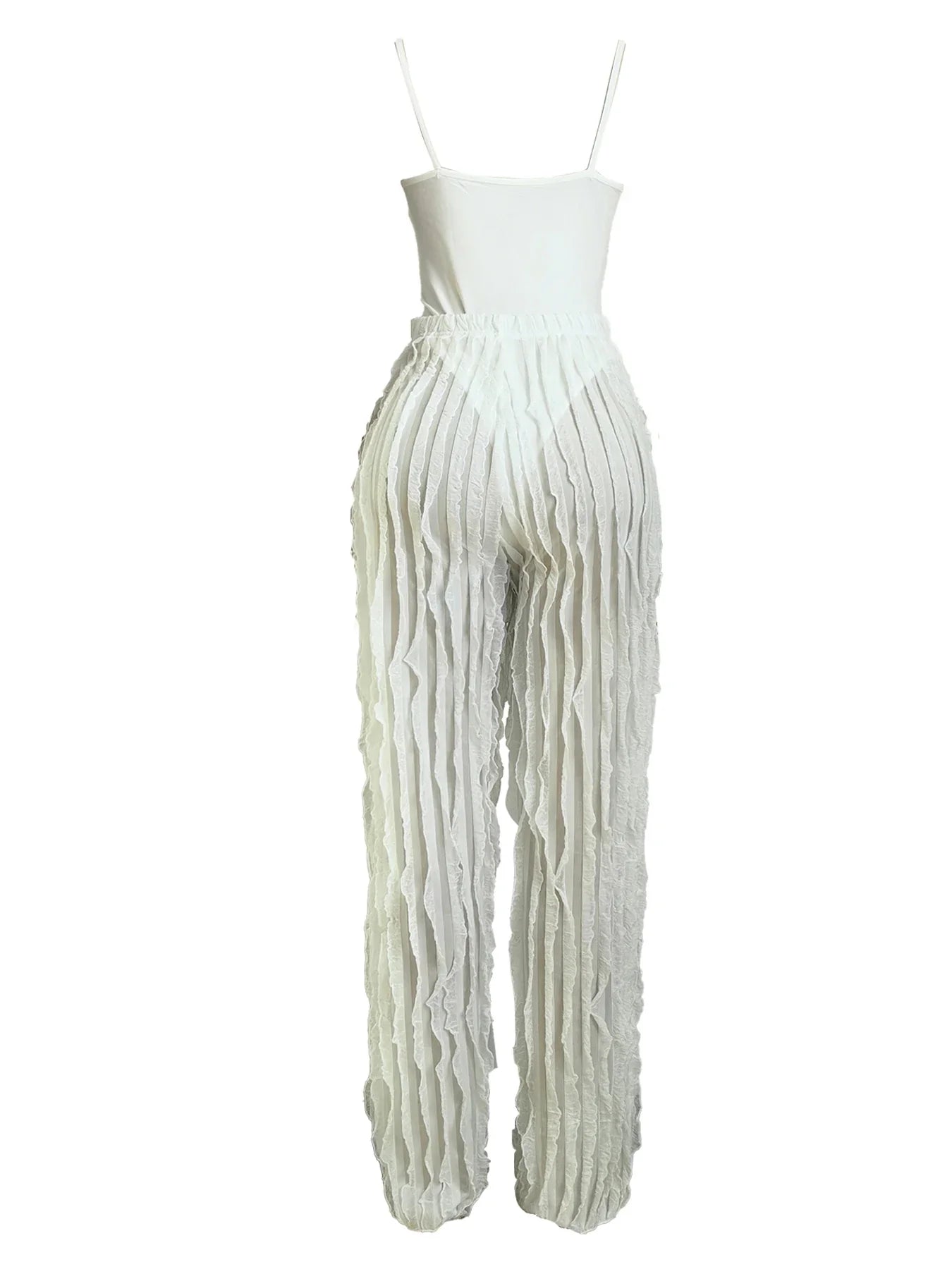 Women's Solid Backless Cami Bodysuit & Elastic Waist Frilled Pants Set, Fashion Casual V Neck Spaghetti Strap Bodysuit & Straigh Purplish Diva