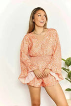 Double Take Printed Flare Sleeve Surplice Romper