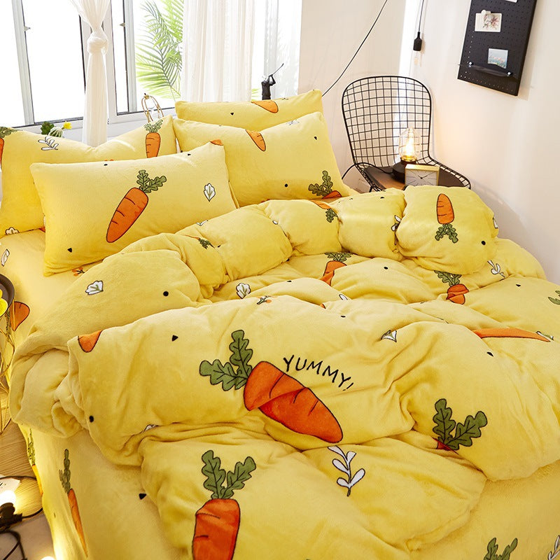 Flannel Bed Sheet Cover, Quilt Cover, Pillowcase And Bedding Set Of 4 Pi-Mart