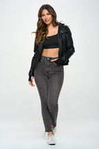 Black Double Zip Hooded Long Sleeve Jacket Modern & Functional Vegan Leather Outerwear Stevvex
