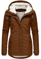 Winter Hooded Jacket Solid Color Warm Buckle Zip-up Fleece Jacket With Pockets Women's Casual Jacket Pi-Mart