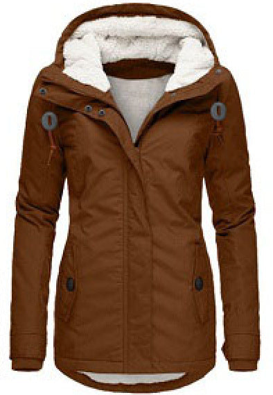 Winter Hooded Jacket Solid Color Warm Buckle Zip-up Fleece Jacket With Pockets Women's Casual Jacket Pi-Mart