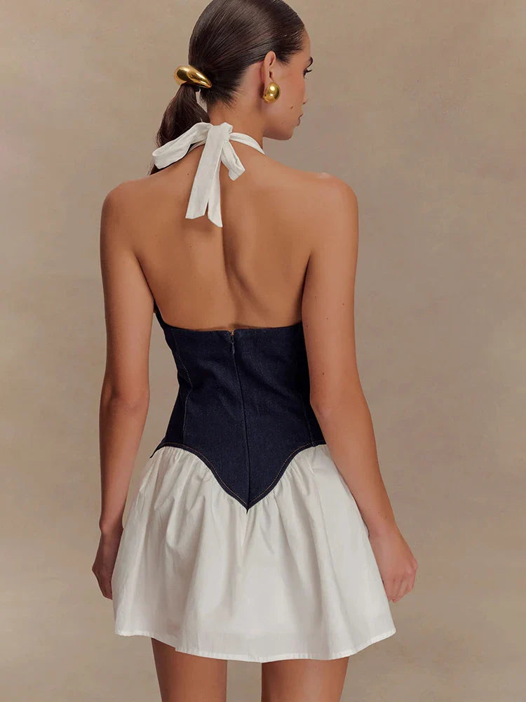 JULISSA MO Patchwork Sexy Deep V-neck Denim Mini Dress Women White Backless Halter Dress Summer Slim Elegant Party Club Outfits Purplish Diva