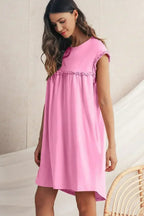 Oatmeal Frilled Trim Crewneck Loose Fit Mini Dress