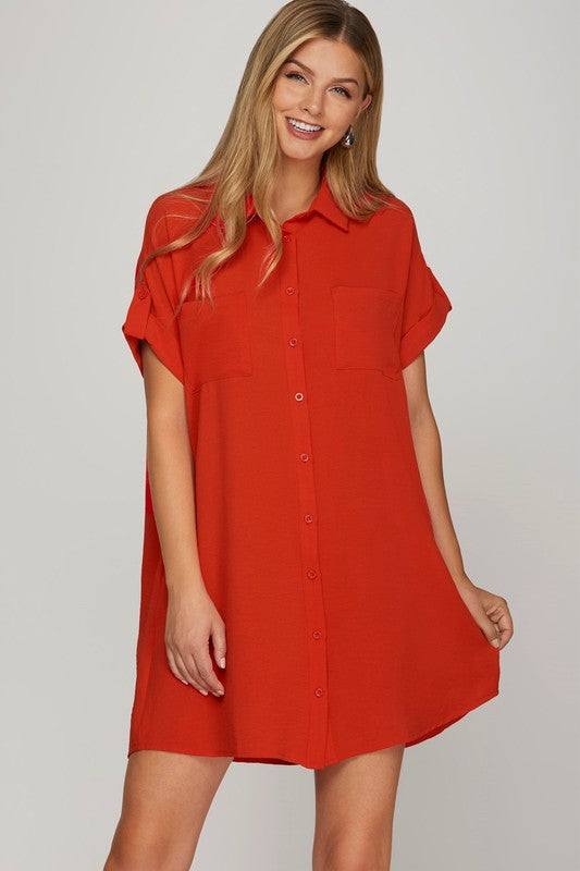 Deep Red Full Size Button-Down Short Sleeve Shirt Dress Plus Size Casual Women Simple Home Dress Stevvex