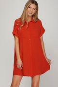 Deep Red Full Size Button-Down Short Sleeve Shirt Dress Plus Size Casual Women Simple Home Dress Stevvex