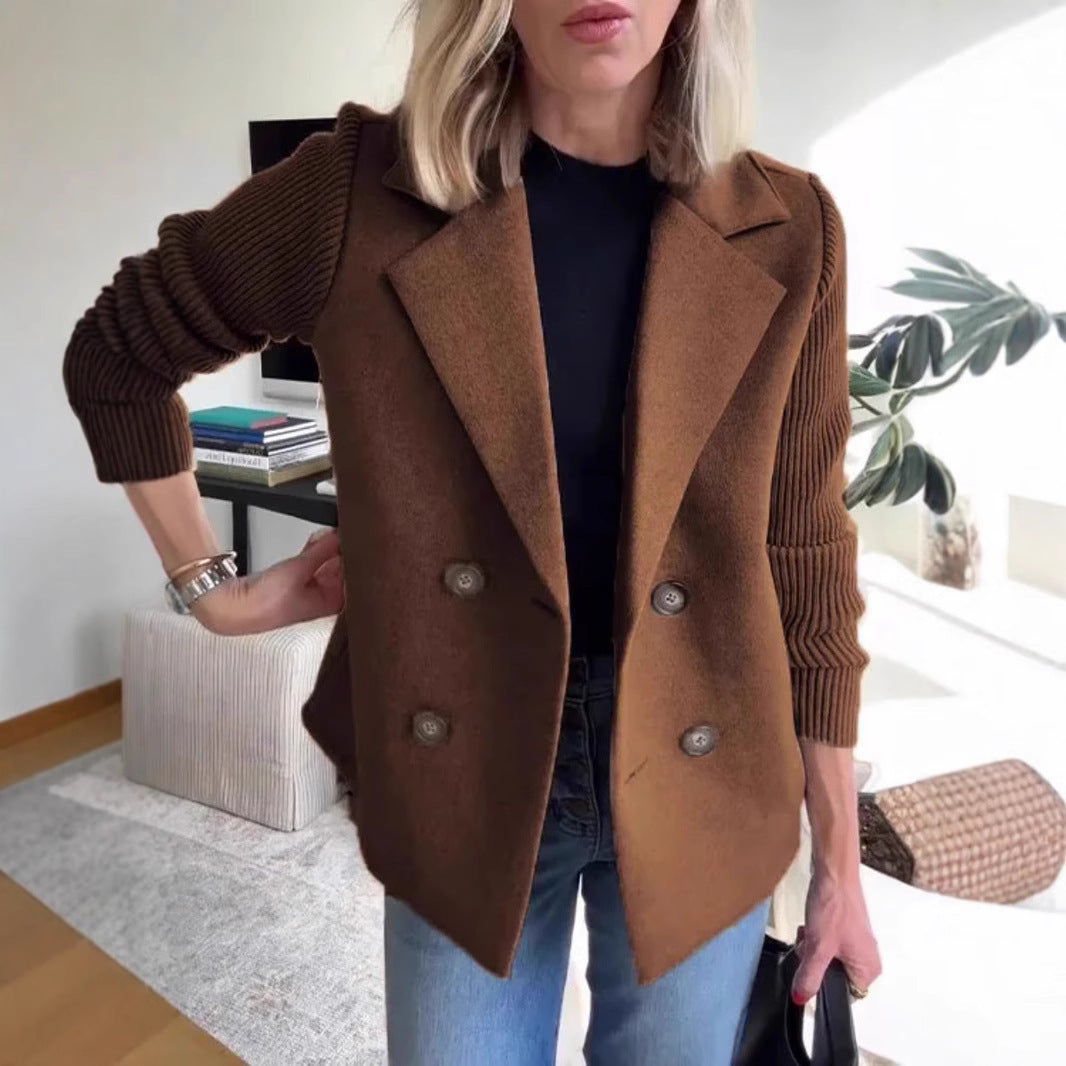 Double Breasted Lapel Jacket Fashion Knitted Sleeves Splicing Design Coat Outerwear Women's Clothing Pi-Mart