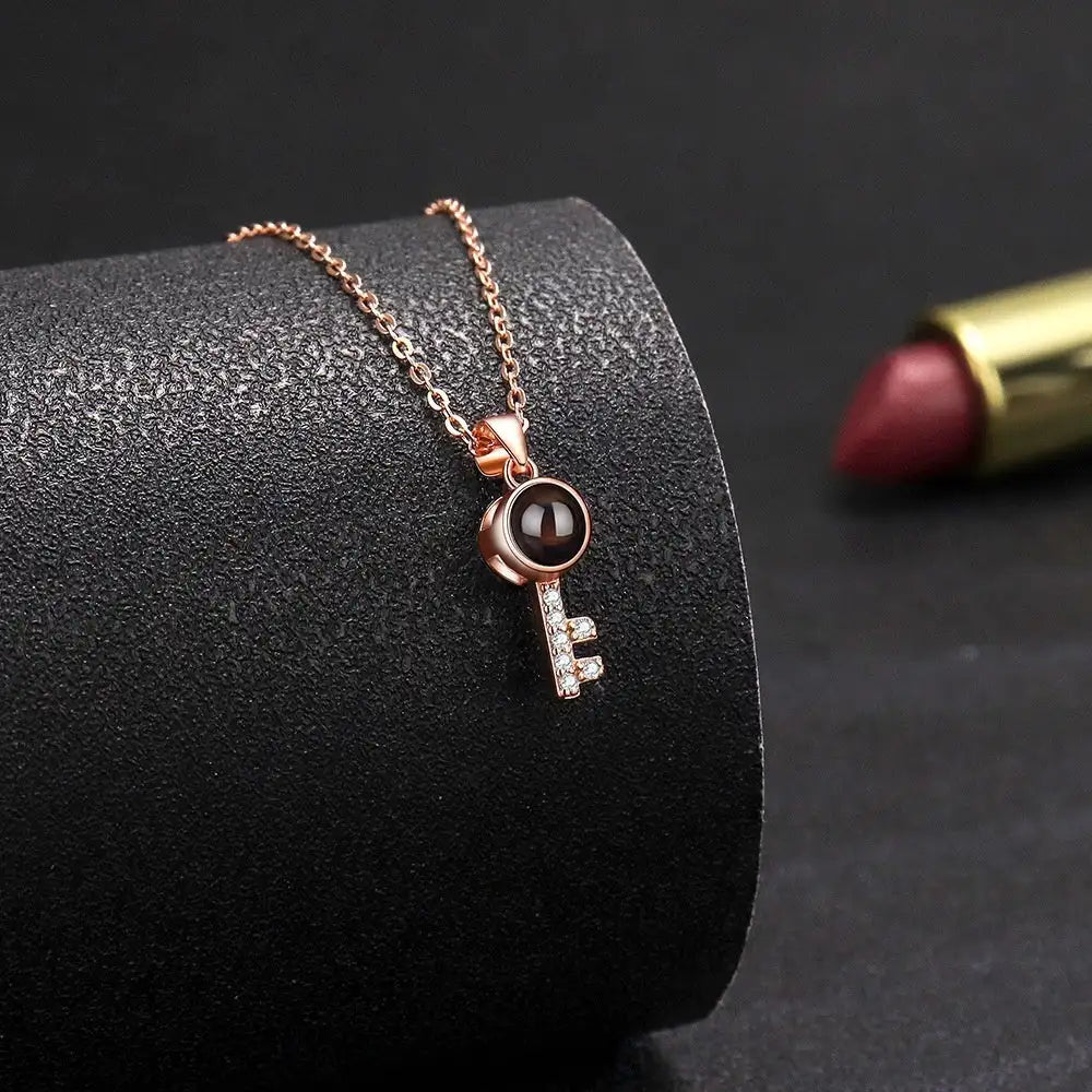 Minimalist Pure Silver Key Pendant Photo Projection Necklace